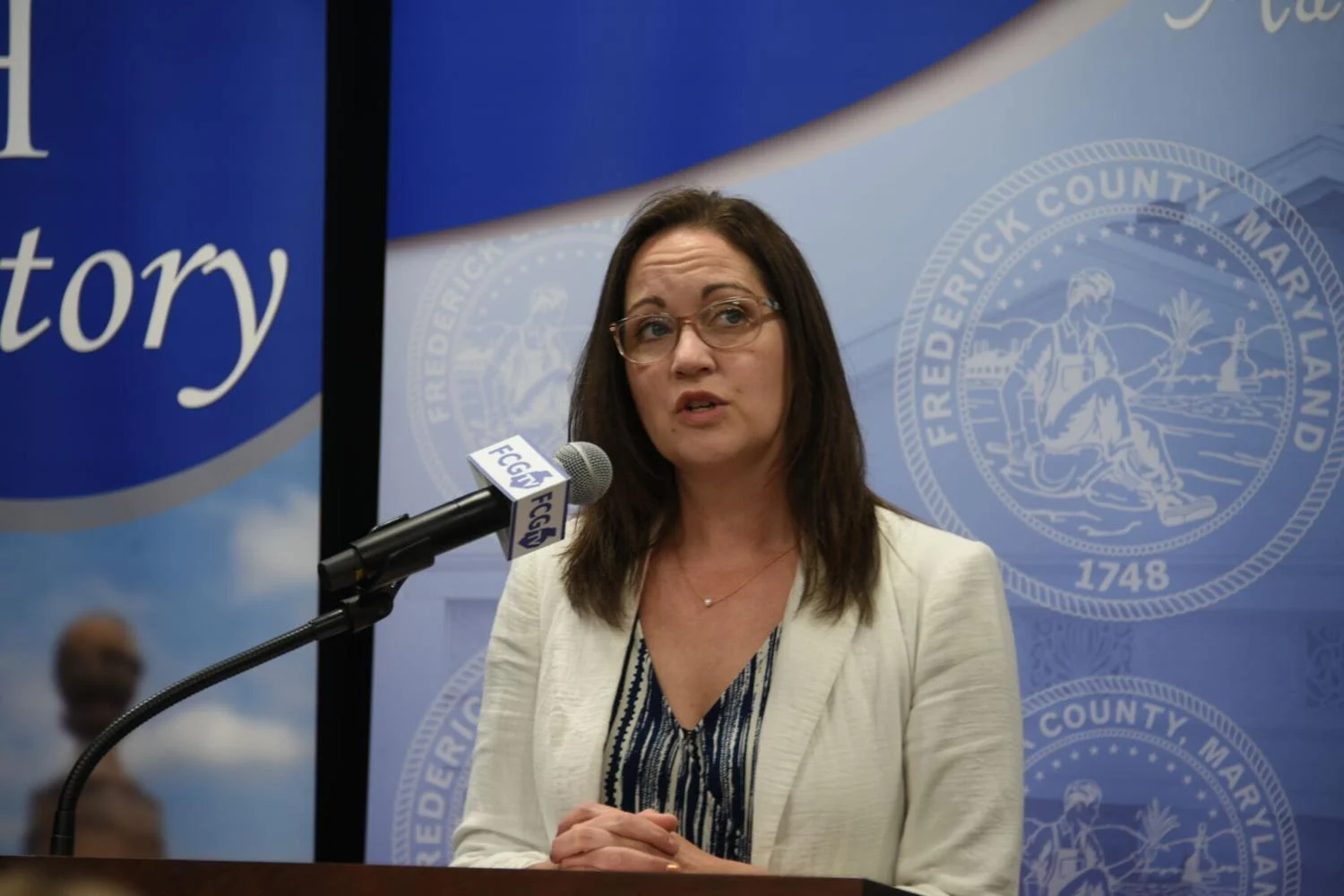 Frederick County Executive Jessica Fitzwater announces the receipt of nearly $1 million in grant funding to support environmental justice initiatives during a press conference on Thursday.